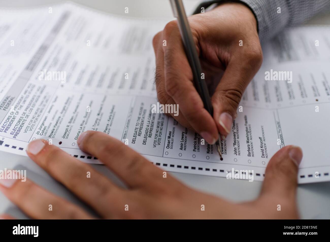 close up of man's hands completing absentee ballot for election Stock Photo