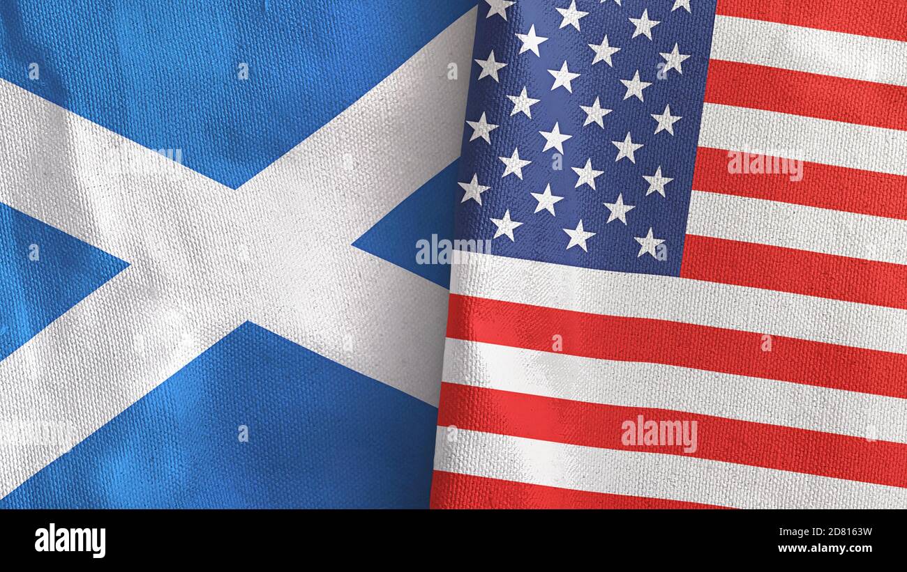 United States and Scotland two flags textile cloth 3D rendering Stock Photo