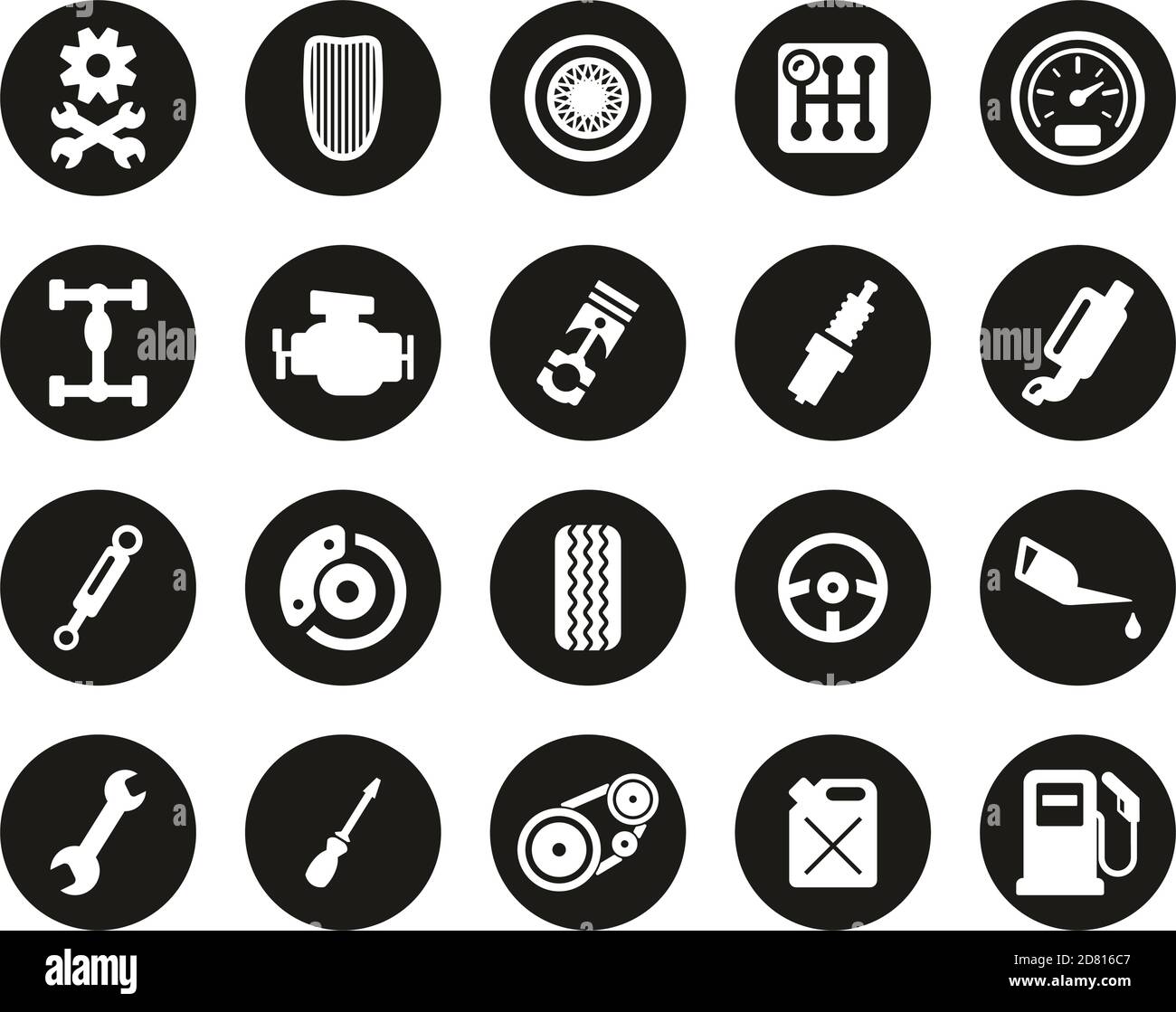 Hot Rod Culture & Parts Icons White On Black Flat Design Circle Set Big Stock Vector