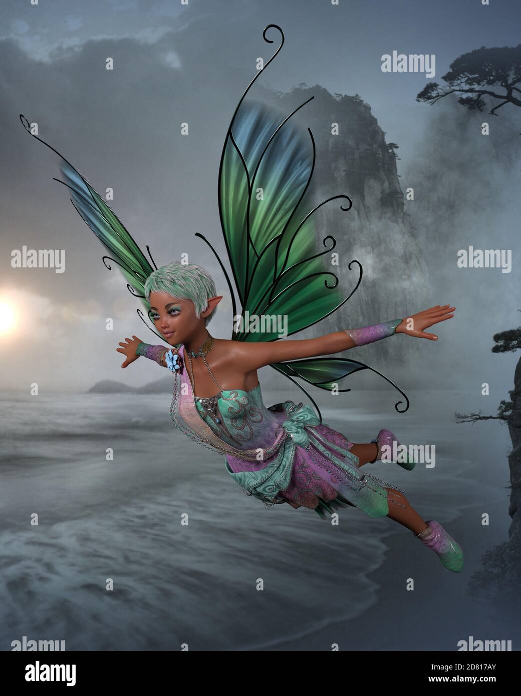 3D Illustration portrait of beautiful fairy girl with a fantasy ...