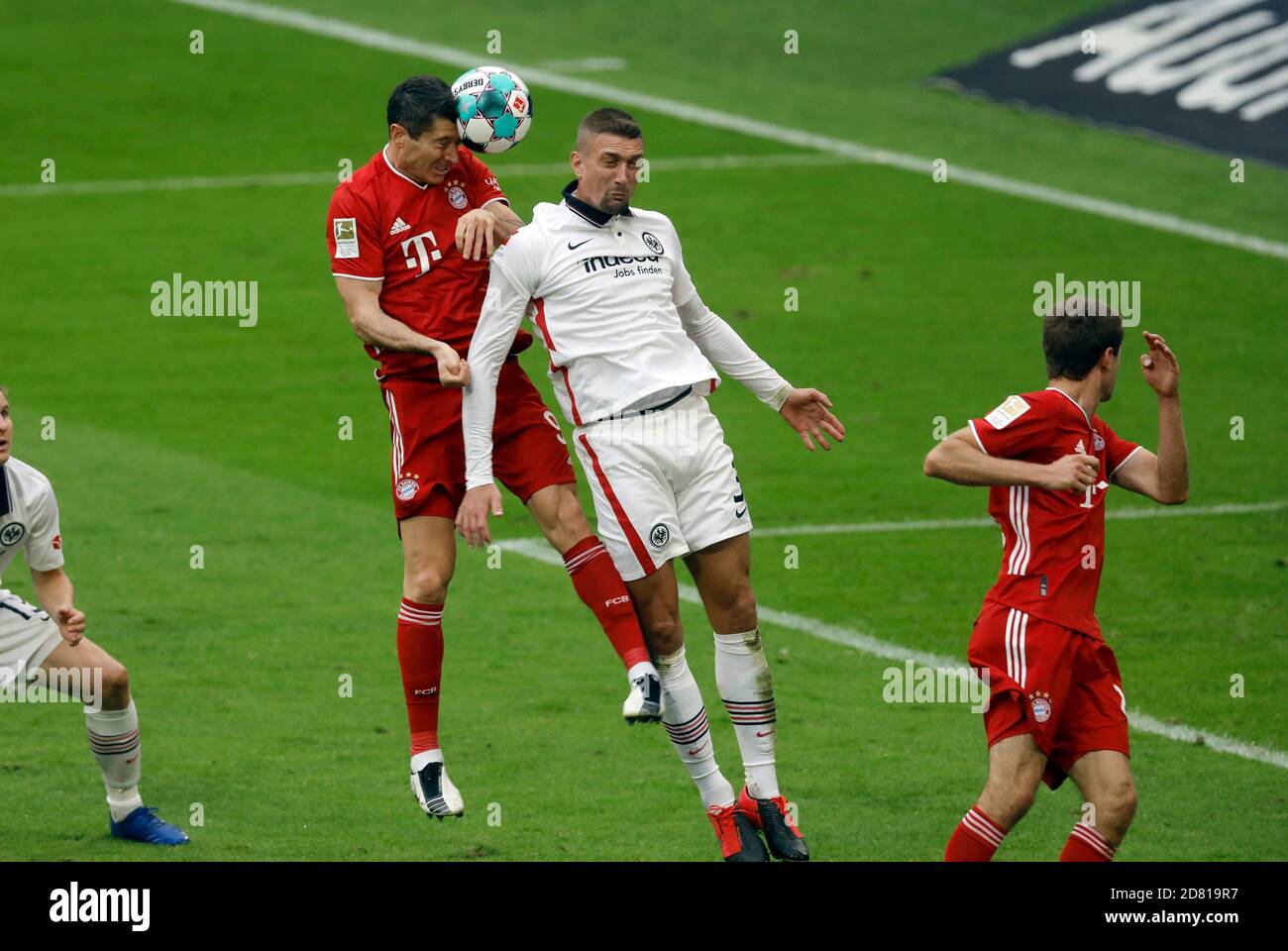 Robert LEWANDOWSKI (FC Bayern Munich) heads the ball the goal to 2-0,  action, header goal versus Stefan ILSANKER (Eintracht Frankfurt). FC Bayern  Munich - Eintracht Frankfurt 5-0 Soccer Bundesliga 5. matchday, ALLIANZAREN