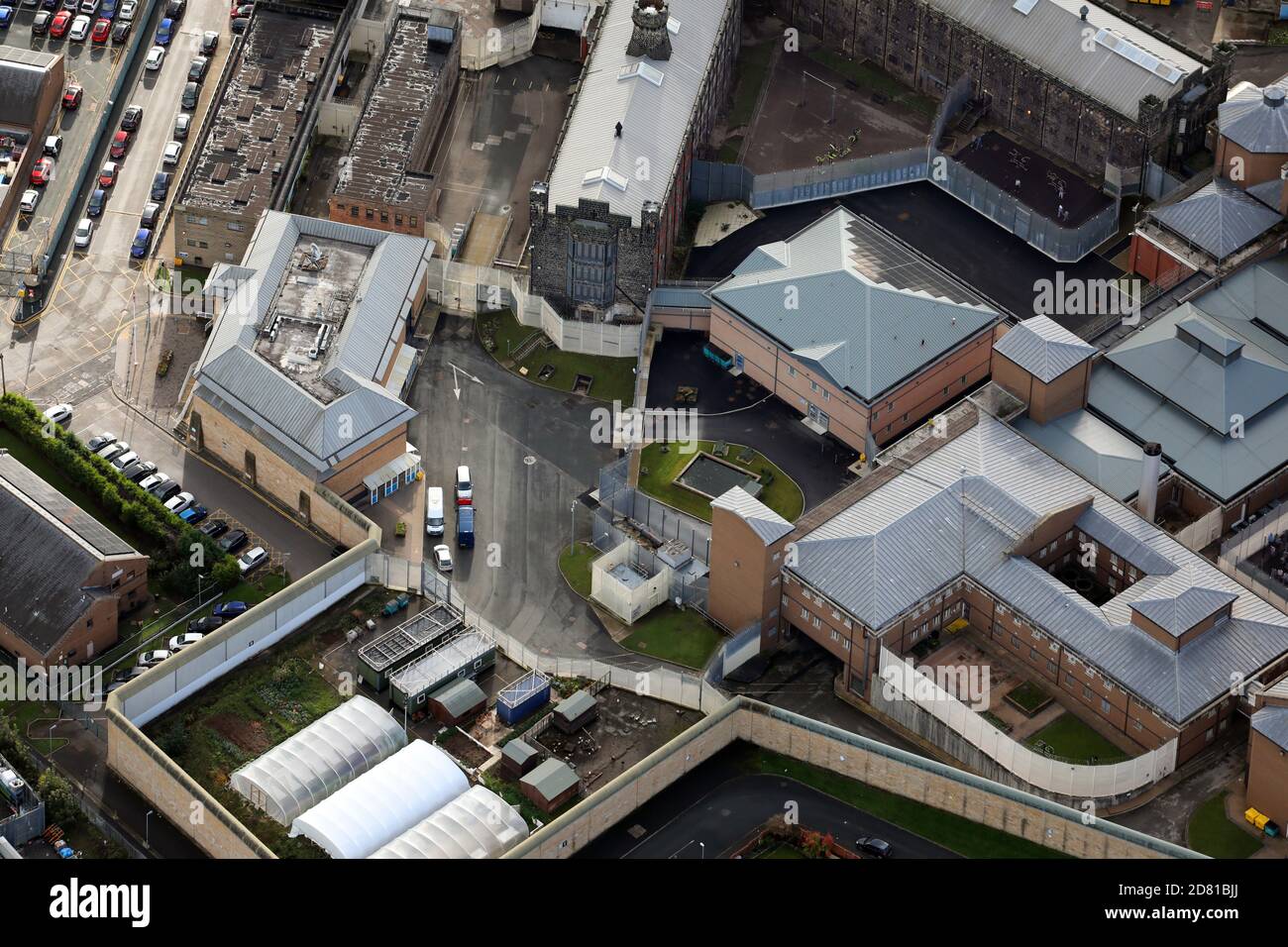 aerial view of the Gate House entrance area of Armley Prison or HMP Leeds, West Yorkshire Stock Photo