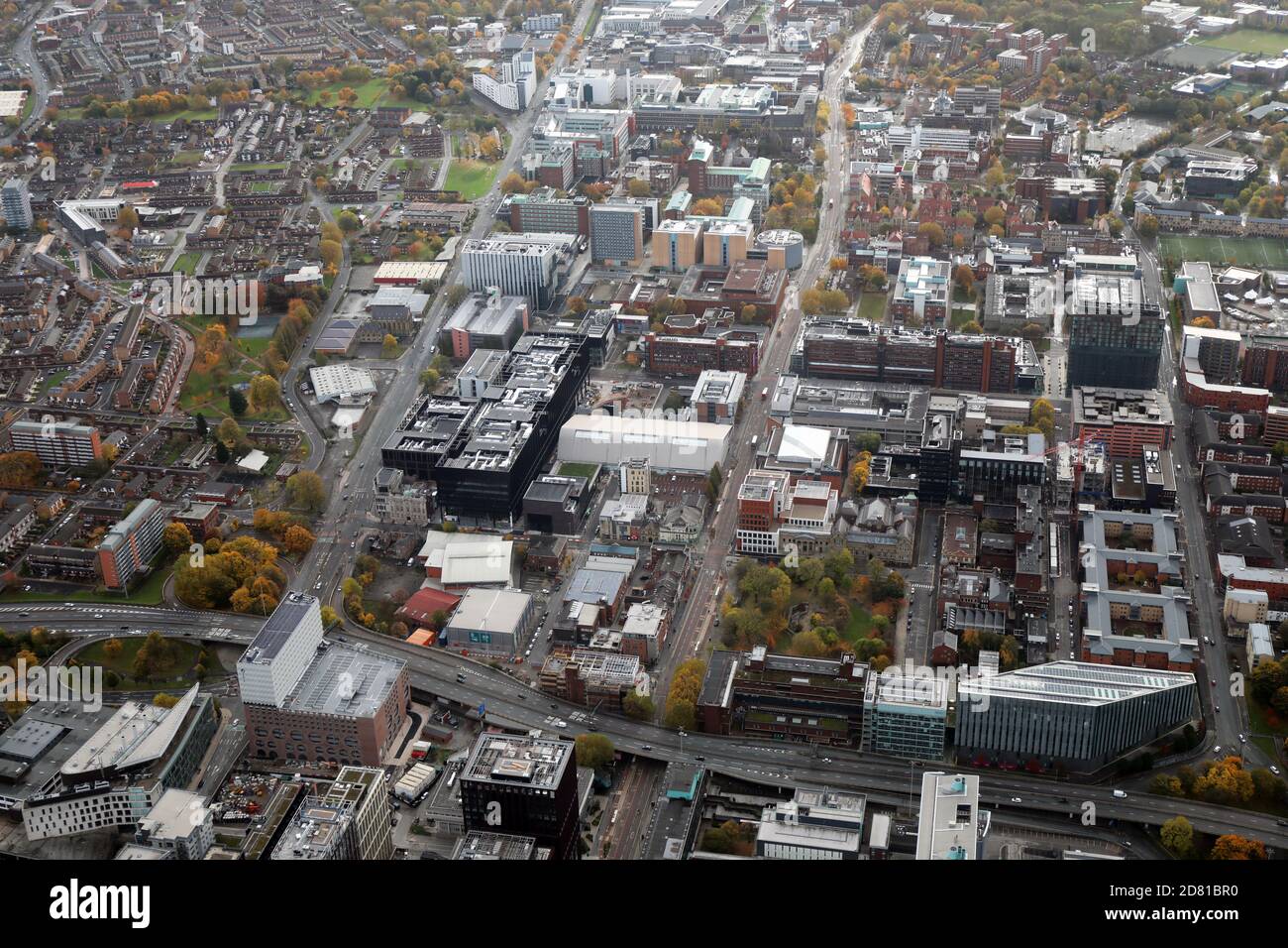 aerial view of The University of Manchester and Manchester Metropolitan University buildings and campus Stock Photo