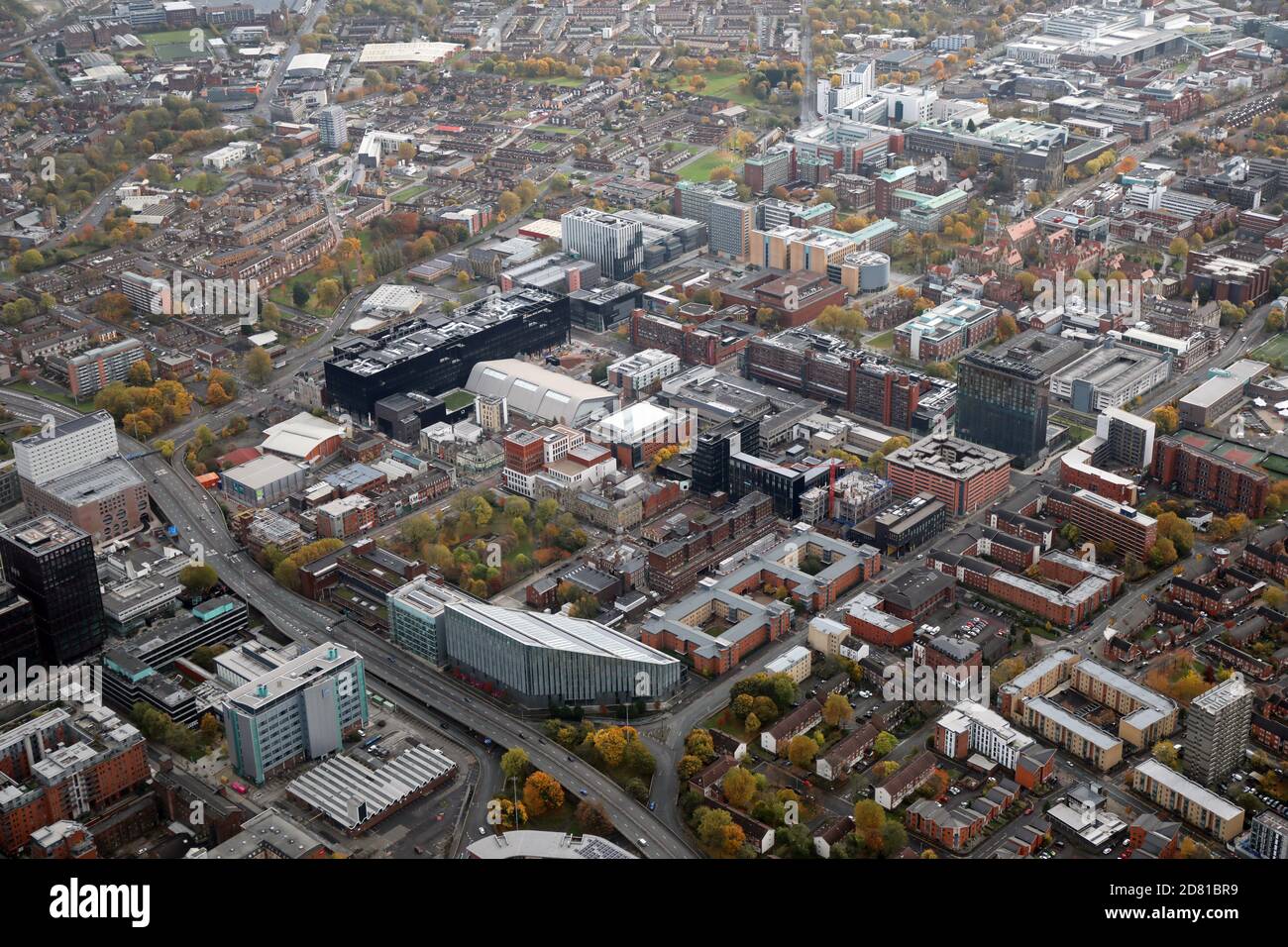 aerial view of The University of Manchester and Manchester Metropolitan University buildings and campus Stock Photo