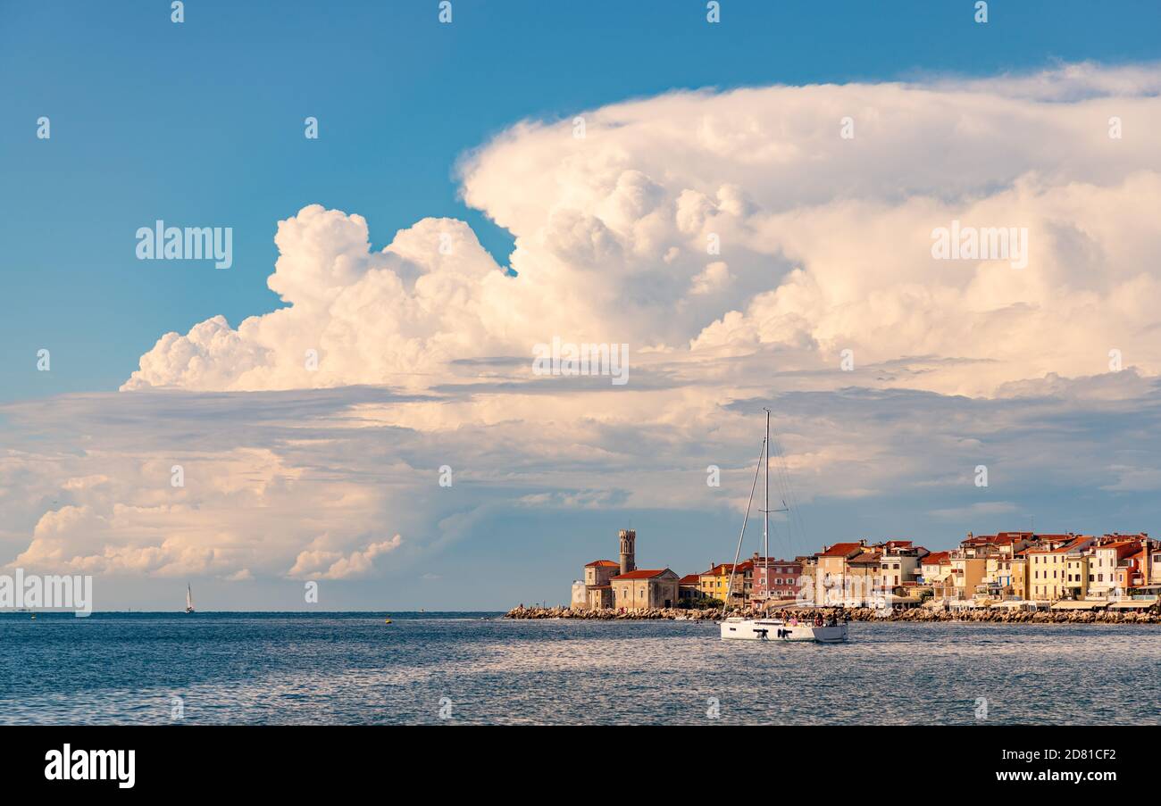 A picture of the town of Piran shot from afar (from Portorož). Stock Photo