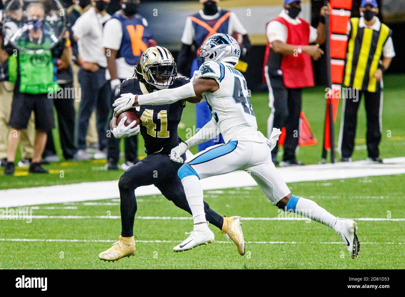 Carolina Panthers safety Sam Franklin Jr. (42) celebrates during the first  half of an NFL football game against the Atlanta Falcons, Sunday, Sep. 10,  2023, in Atlanta. The Atlanta Falcons won 24-10. (