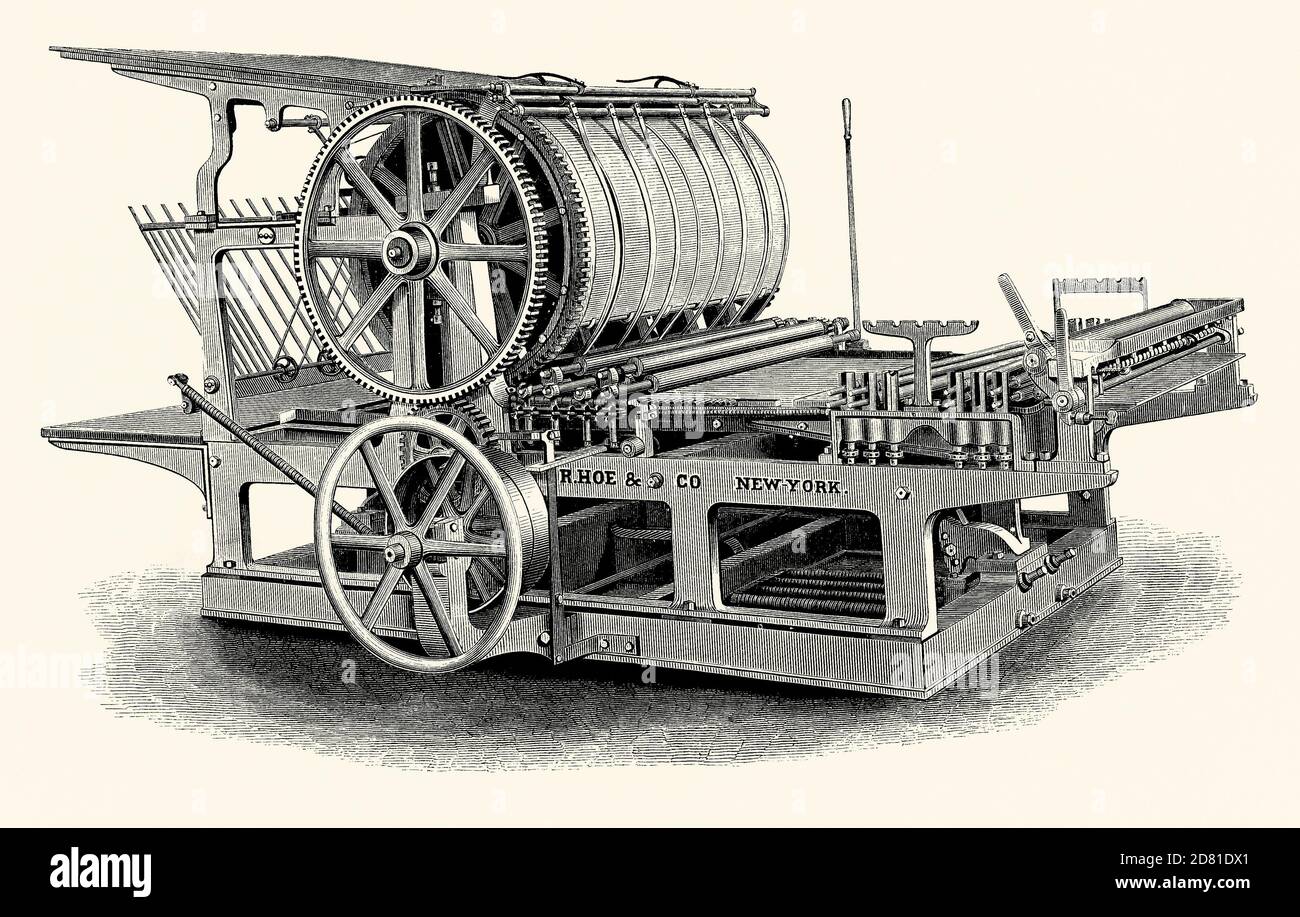An old engraving showing a Hoe's single large-cylinder, four-roller printing  press c.1860. It is from a Victorian mechanical engineering book of the  1880s. This machine could print large sheets of printed material.