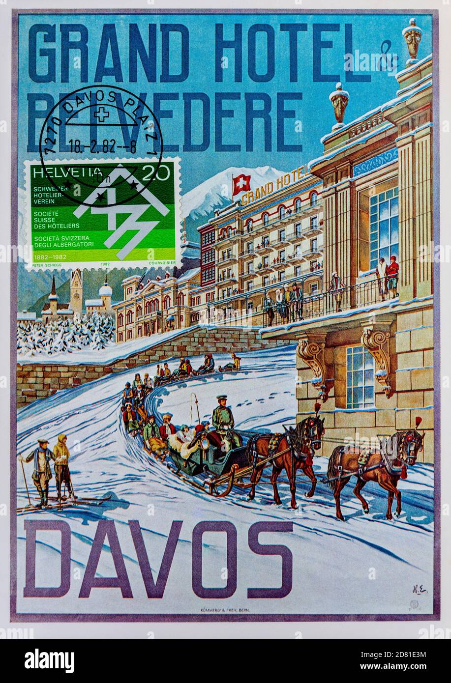 1982 mailed Swiss postcard illustrating a 1905 publicity poster for the Grand Hotel Belvedere, Davos, Switzerland. Stock Photo