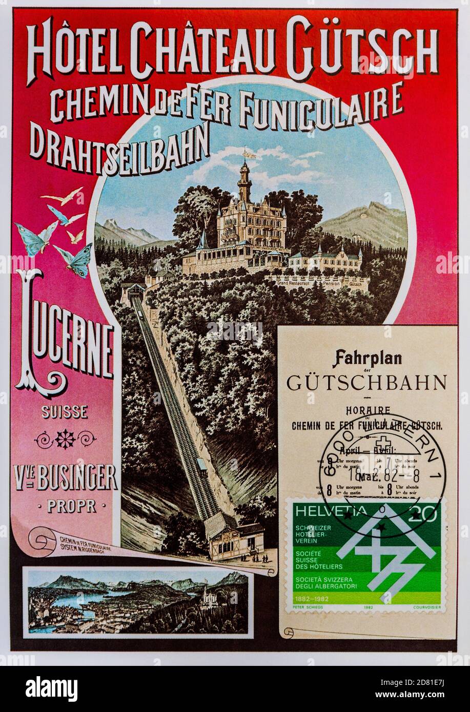 1982 mailed Swiss postcard illustrating a 1890 publicity poster for the Hotel Chateau Gutsch and funicular railway, Lucerne, Switzerland. Stock Photo
