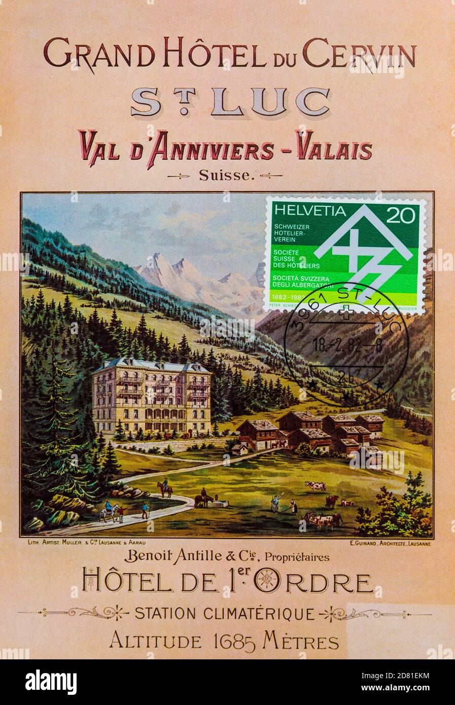 1982 mailed Swiss postcard illustrating a 1893 publicity poster for the Grand Hotel du Cervin St. Luc, Val d'Anniviers, Valais, Switzerland. Stock Photo