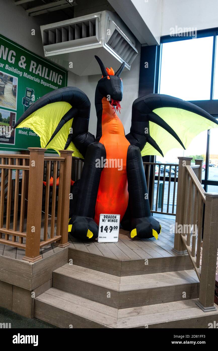 One of Menards Halloween decorations is this scary prehistoric monster. St Paul Minnesota MN USA Stock Photo