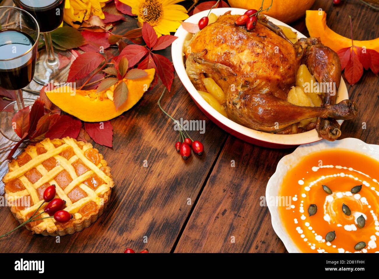 Thanksgiving dinner served on wooden rustic table Stock Photo