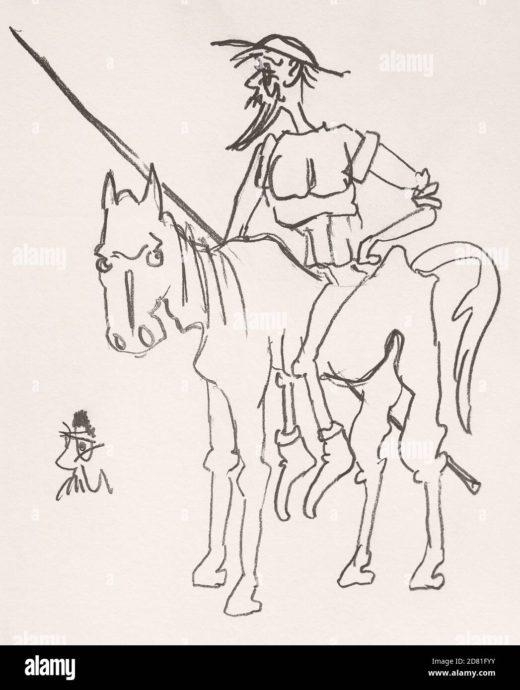 Illustration of Don Quixote, the knight errant on his exhausted horse Rocinante. Pen Drawing. The Ingenious Gentleman Don Quixote of La Mancha Stock Photo