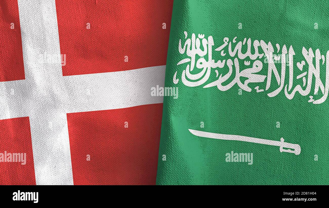 Saudi Arabia and Denmark two flags textile cloth 3D rendering Stock ...
