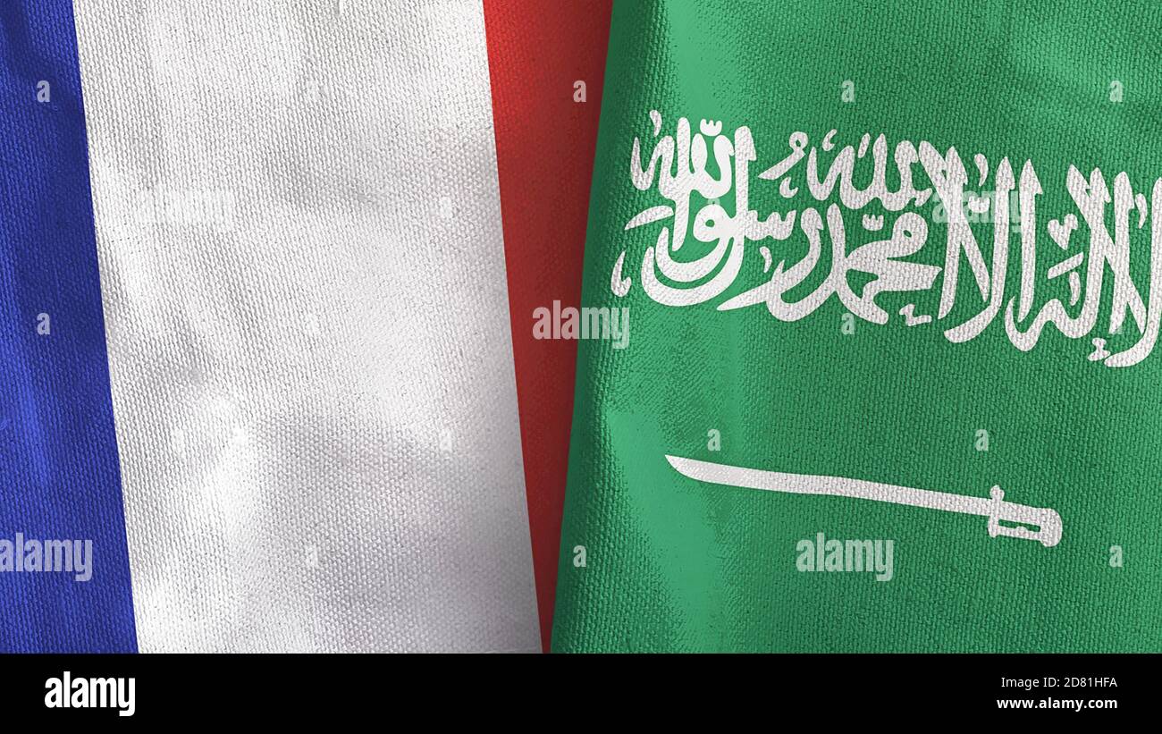 Saudi Arabia and France two flags textile cloth 3D rendering Stock Photo