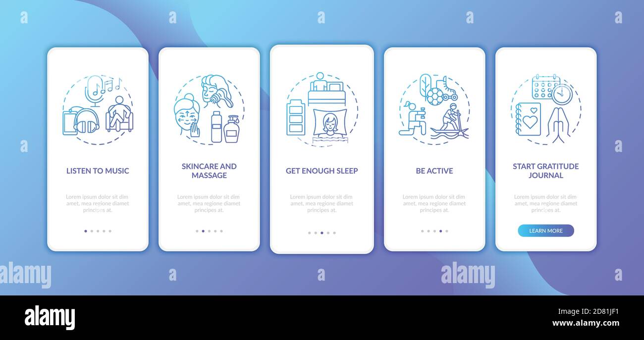 Self care practices onboarding mobile app page screen with concepts Stock Vector