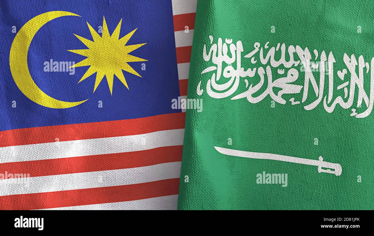 Saudi Arabia and Malaysia two flags textile cloth 3D rendering Stock Photo