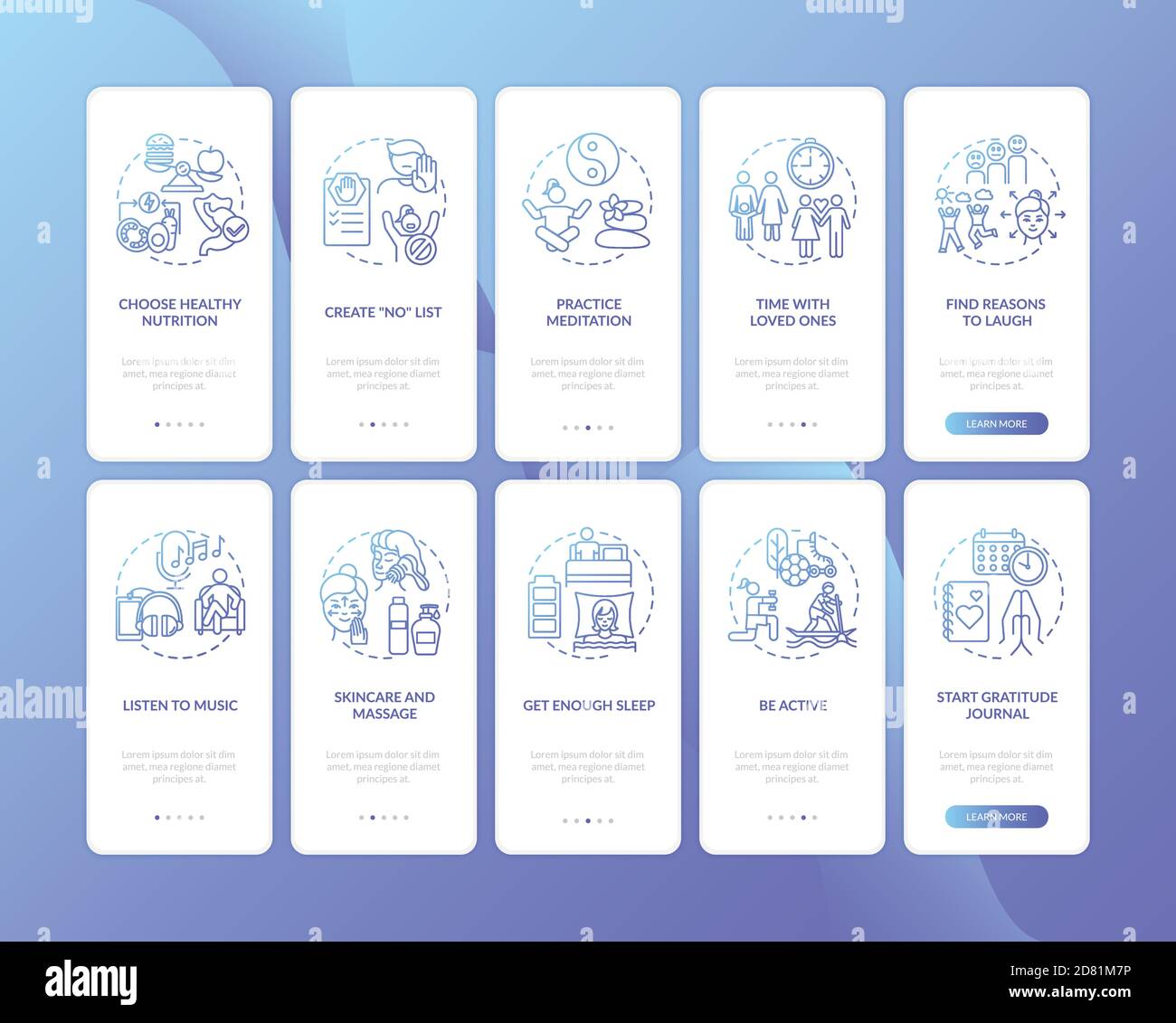 Self care onboarding mobile app page screen with concepts set Stock ...