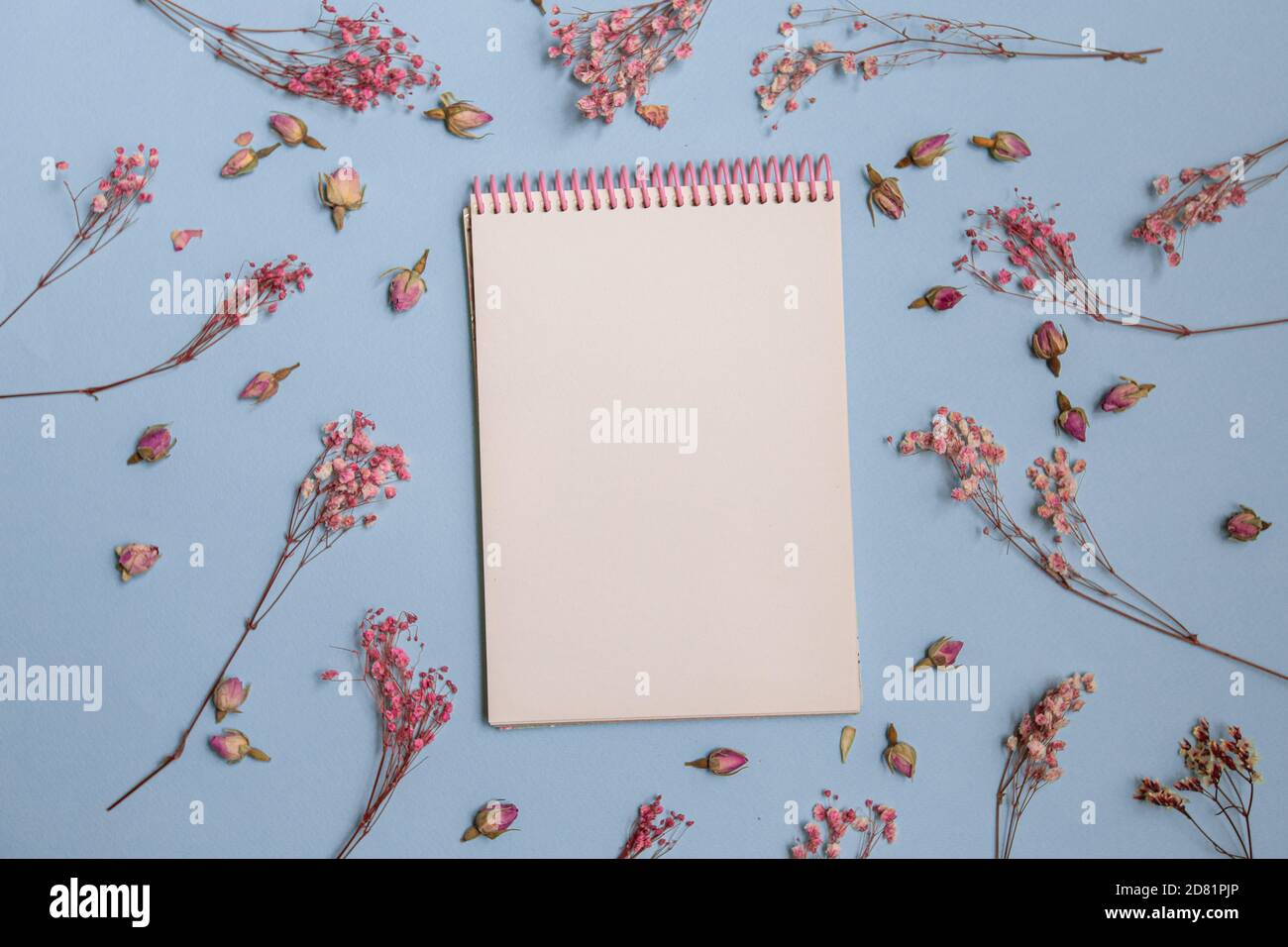 pink flowers flat lay with Blank white notepad Stock Photo