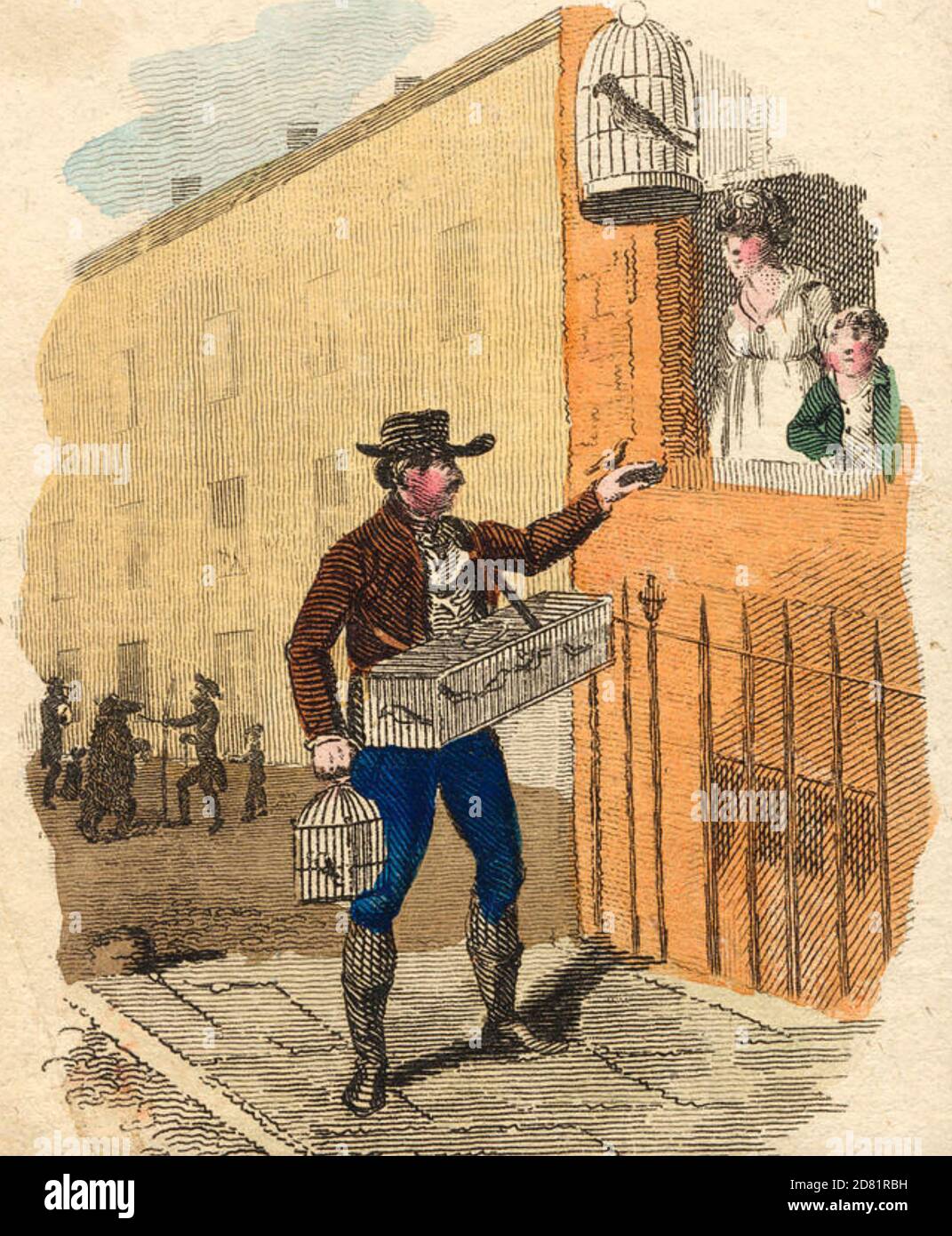 STREET VENDORS: Man selling songbirds about 1810. Note the 'dancing bear' in the background. From 'The Itinerant Traders of London' by William CraIg (1804) Stock Photo