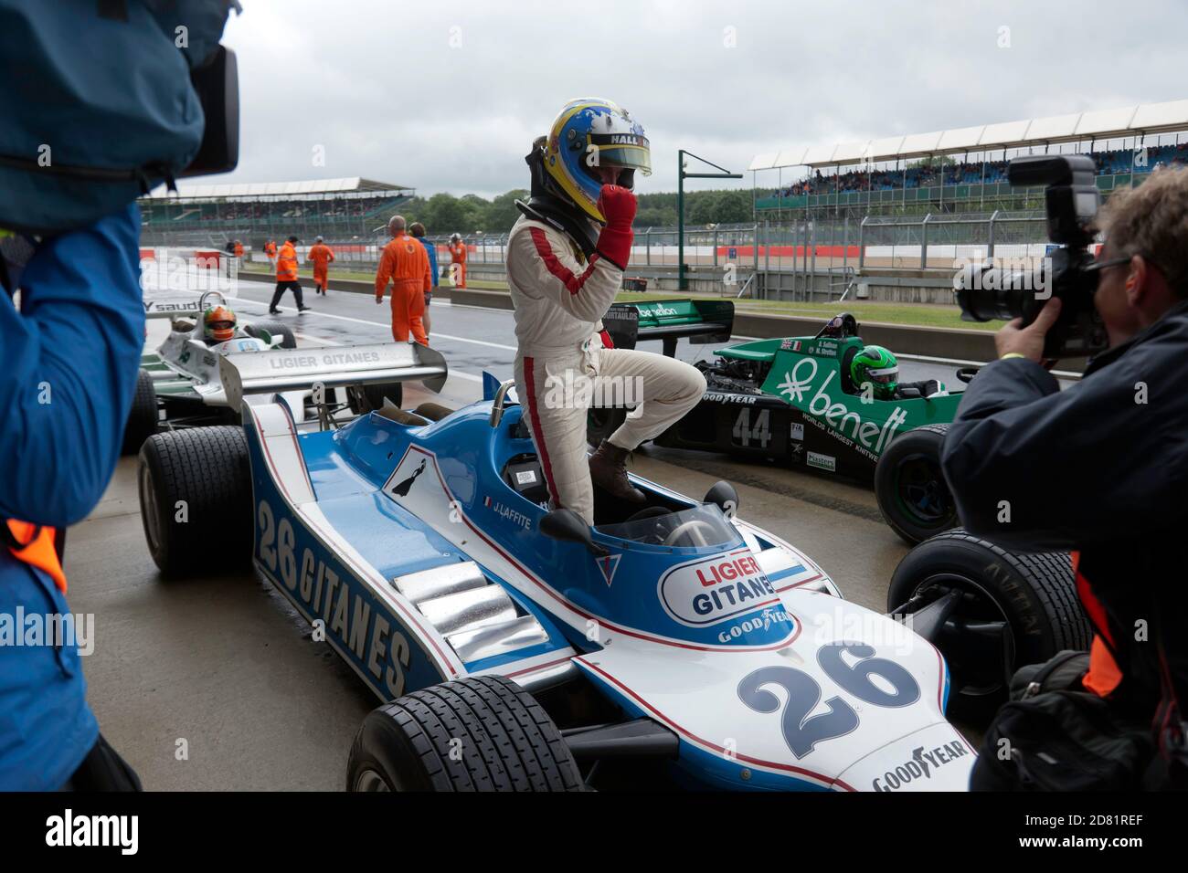 Matteo Ferrer-Aza, celebrates after winning his Class at the Sir Jackie Stewart FIA Masters Historic Formula One Race, at the 2019 Silverstone Classic Stock Photo