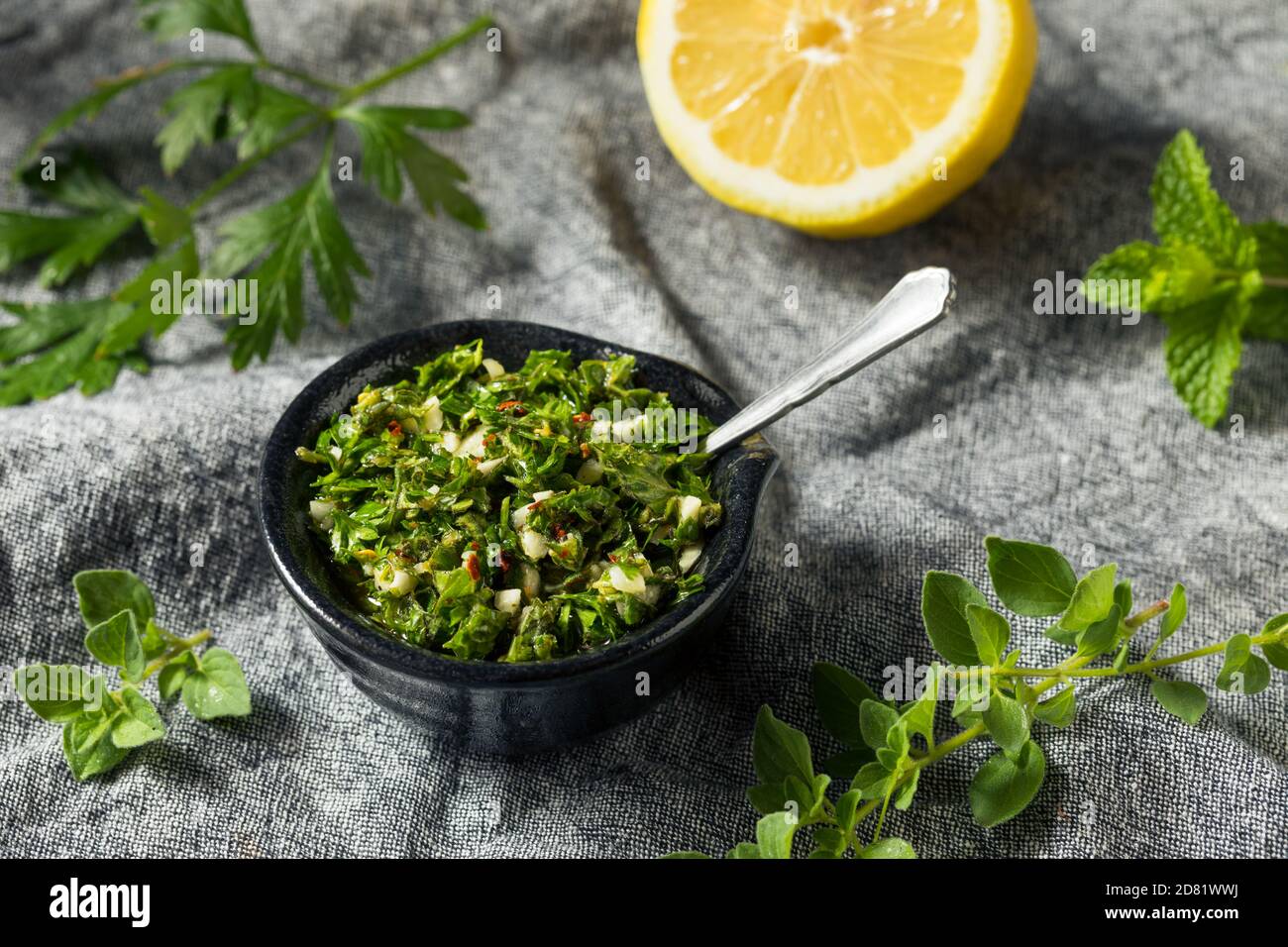 Homemade Spicy Chimichurri Sauce with Parsley and Oregano Stock Photo