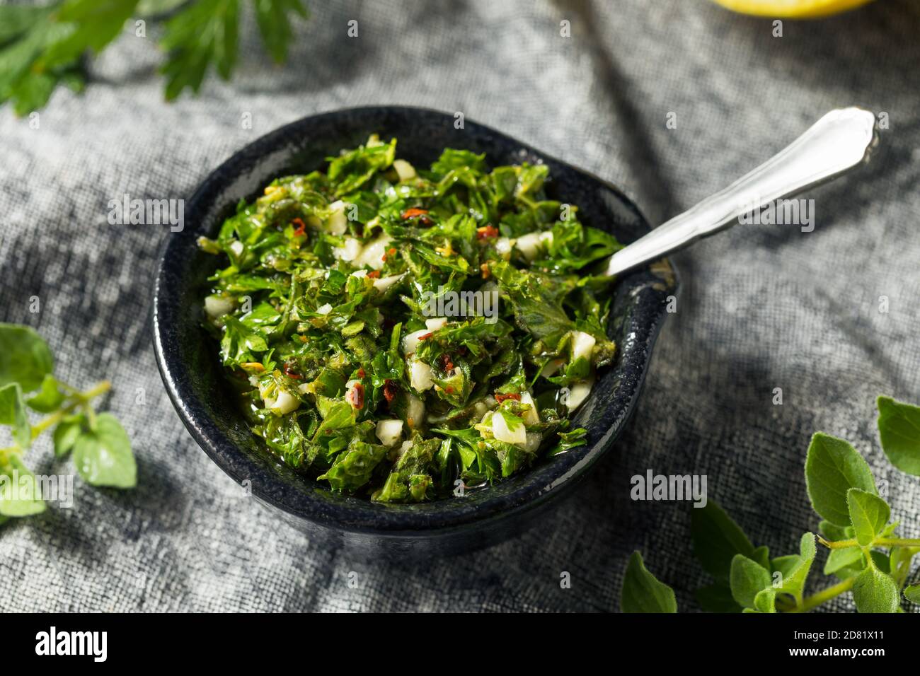 Homemade Spicy Chimichurri Sauce with Parsley and Oregano Stock Photo