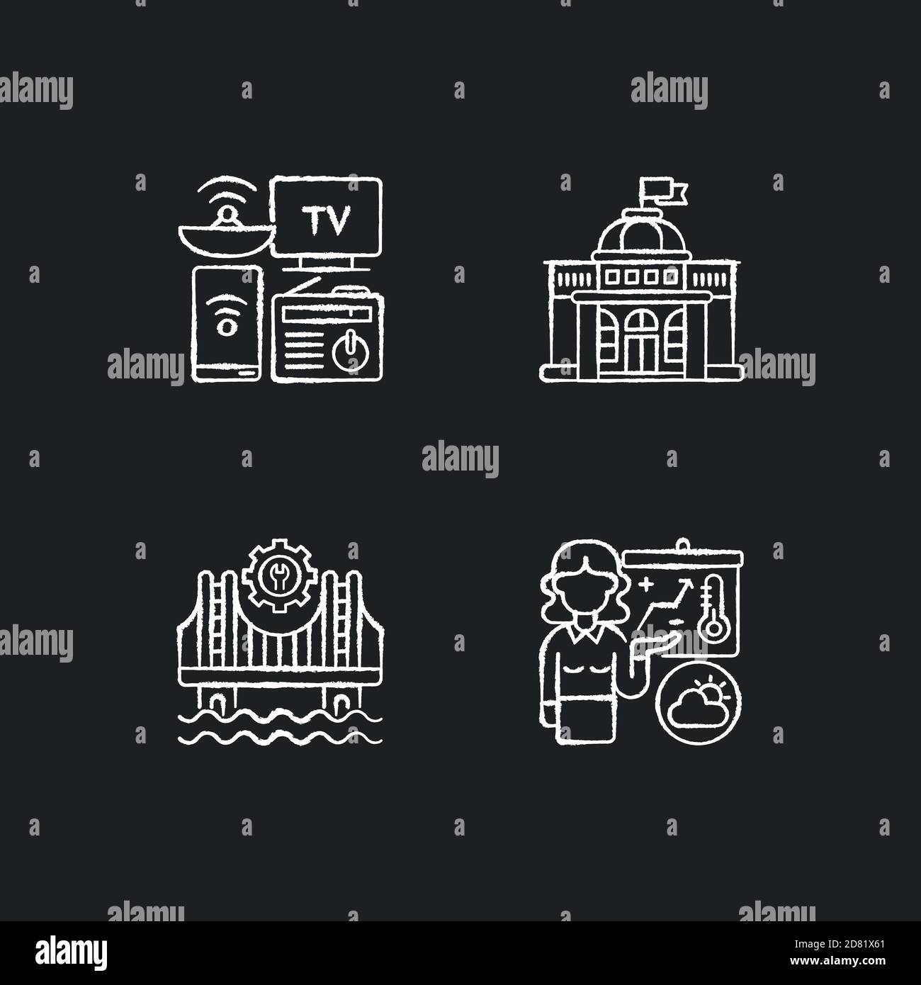 Core services chalk white icons set on black background Stock Vector