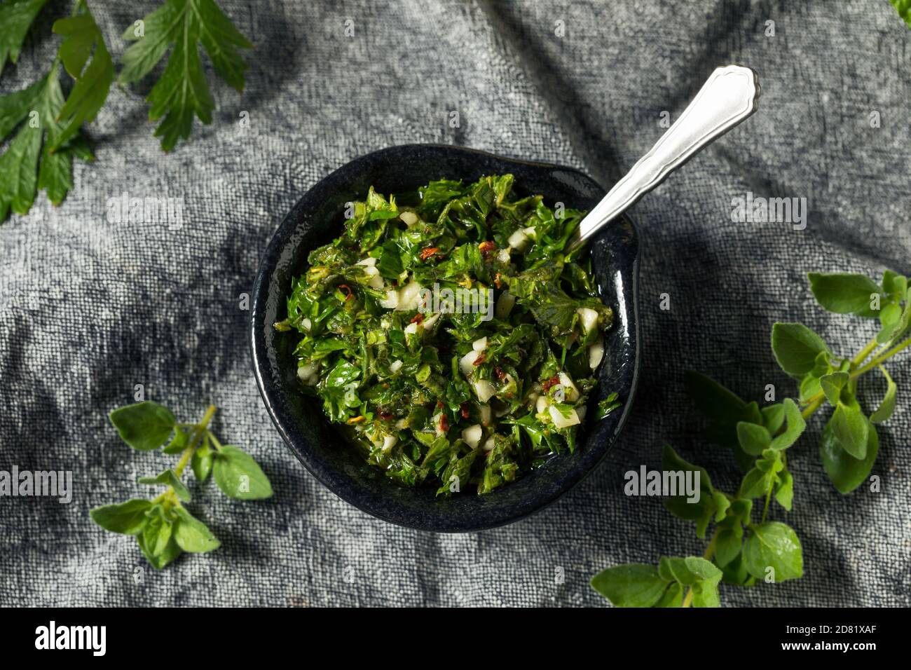 Homemade Spicy Chimichurri Sauce with Parsley and Oregano Stock Photo