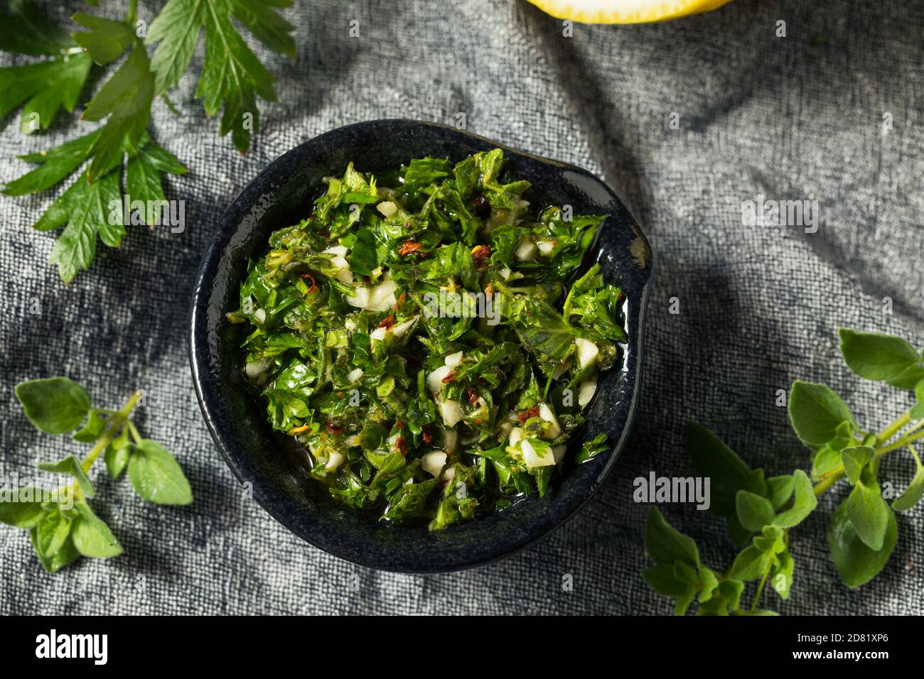 Homemade Spicy Chimichurri Sauce with Parsley and Oregano Stock Photo