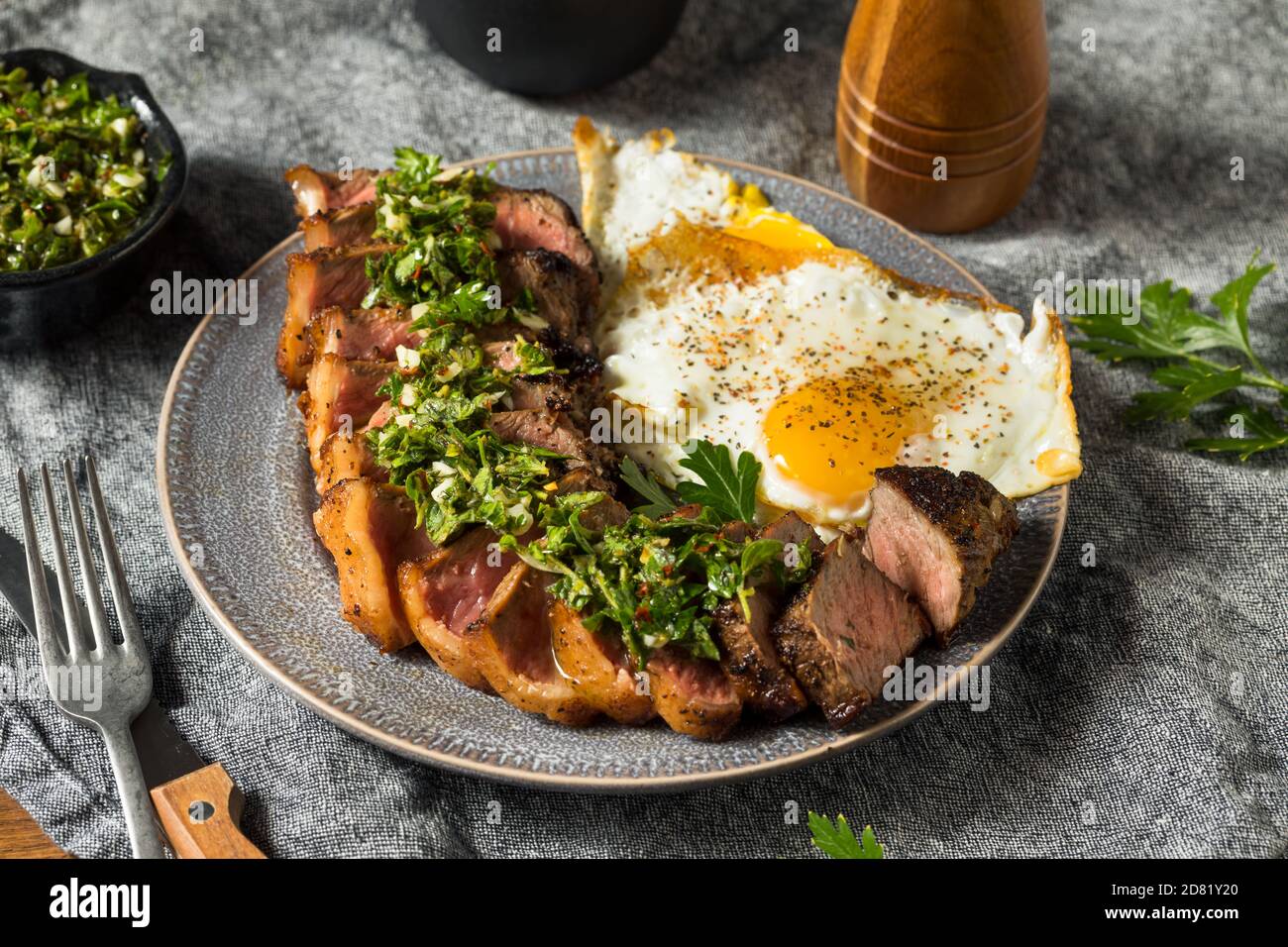Homemade Steak and Eggs with Chimichurri Sauce Stock Photo Alamy