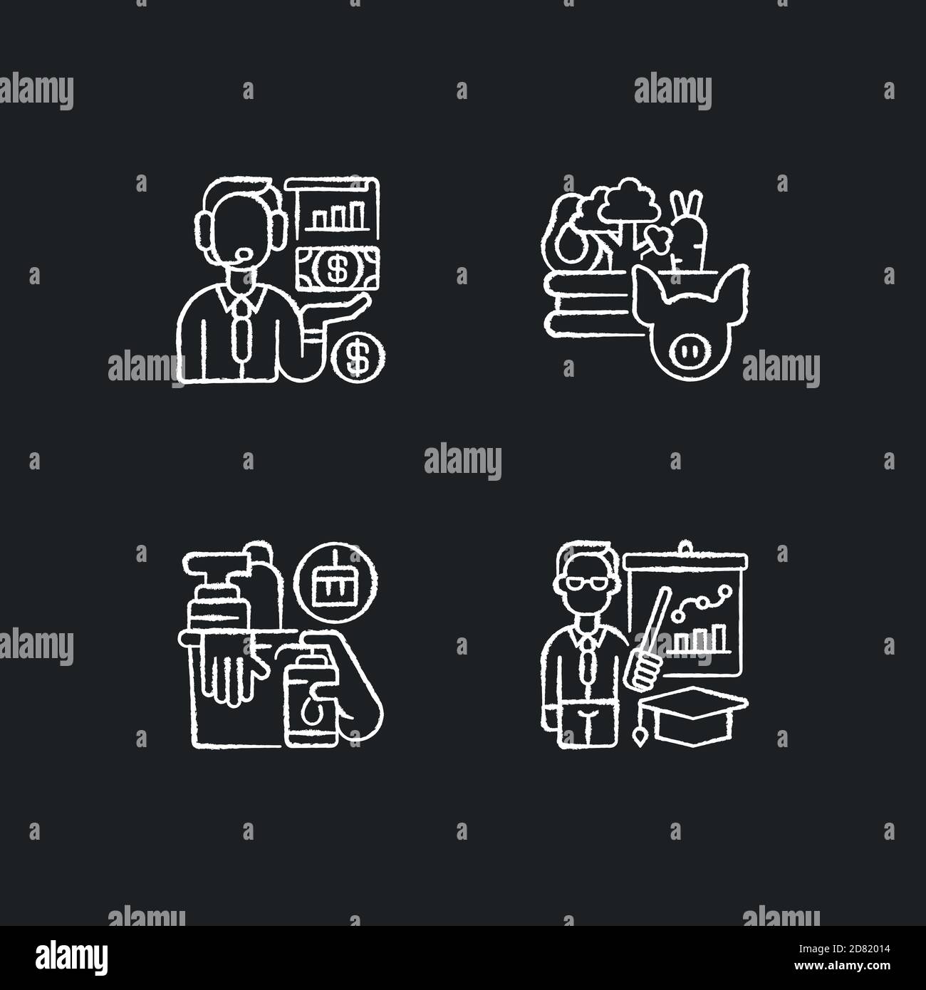 Basic public needs chalk white icons set on black background Stock Vector