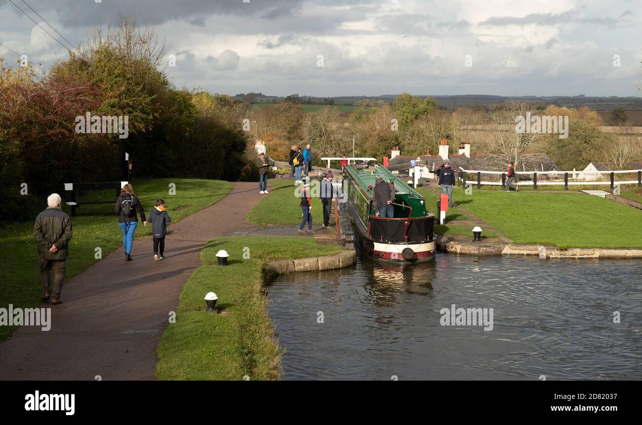 A Narrow Boat travels through a lock at Foxton Locks on the Grand Union Canal, Leicestershire England. Stock Photo
