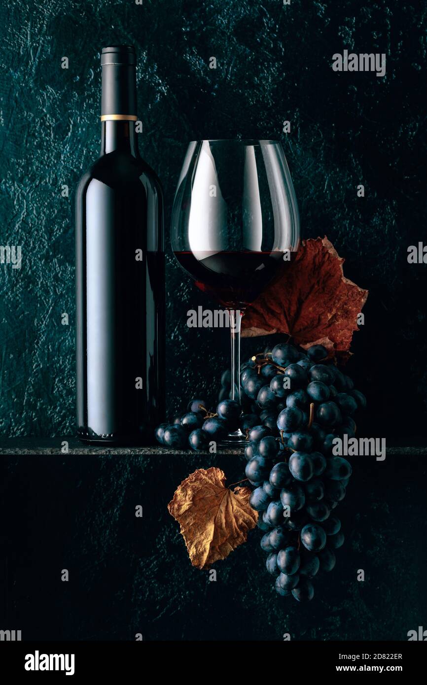 Red wine and blue grapes with dried up vine leaves on an old dark blue ...