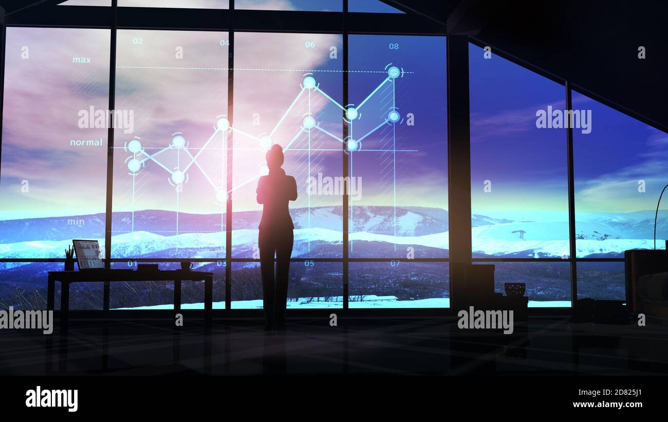 Businesswoman is looking at virtual infographics against the office window. Stock Photo