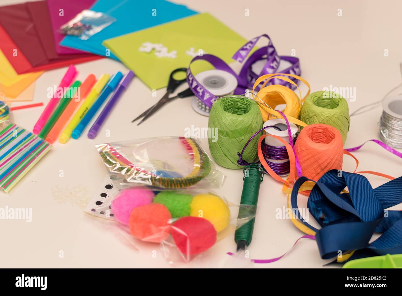 Set for children's craft diy from colored cardboard, paper, scissors and  pencils. Template for banner with space for text Stock Photo - Alamy