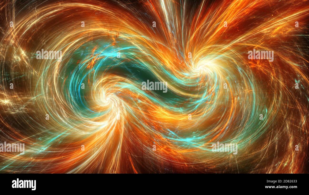 Glowing vibrant double singularity in space abstract illustration, computer generated 3d rendered background Stock Photo