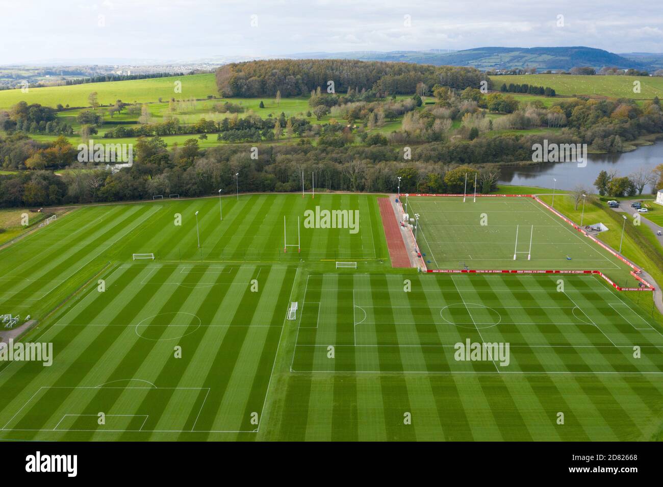 An aerial view of football and rugby training pitches at the Vale Hotel