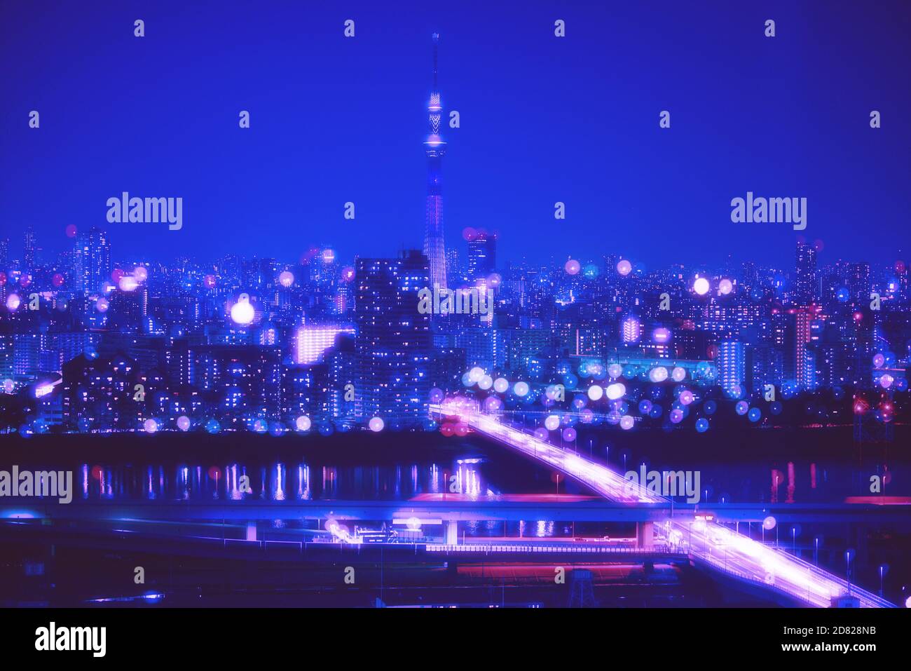 Nightlife Background in Tokyo. Tokyo Skyline with Blur Bokeh Lights Decoration in Colorful Filter. Tokyo Sky Tree Cityscape Background. Night sky and Stock Photo