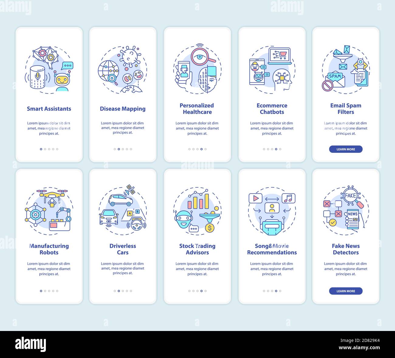 Artificial intelligence onboarding mobile app page screen with concepts ...