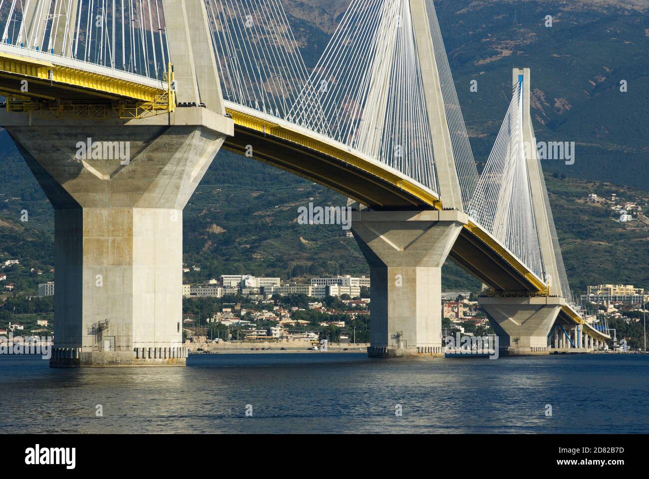 suspension bridge crossing Corinth Gulf strait, Greece.  Is the world's second longest cable-stayed bridge Stock Photo