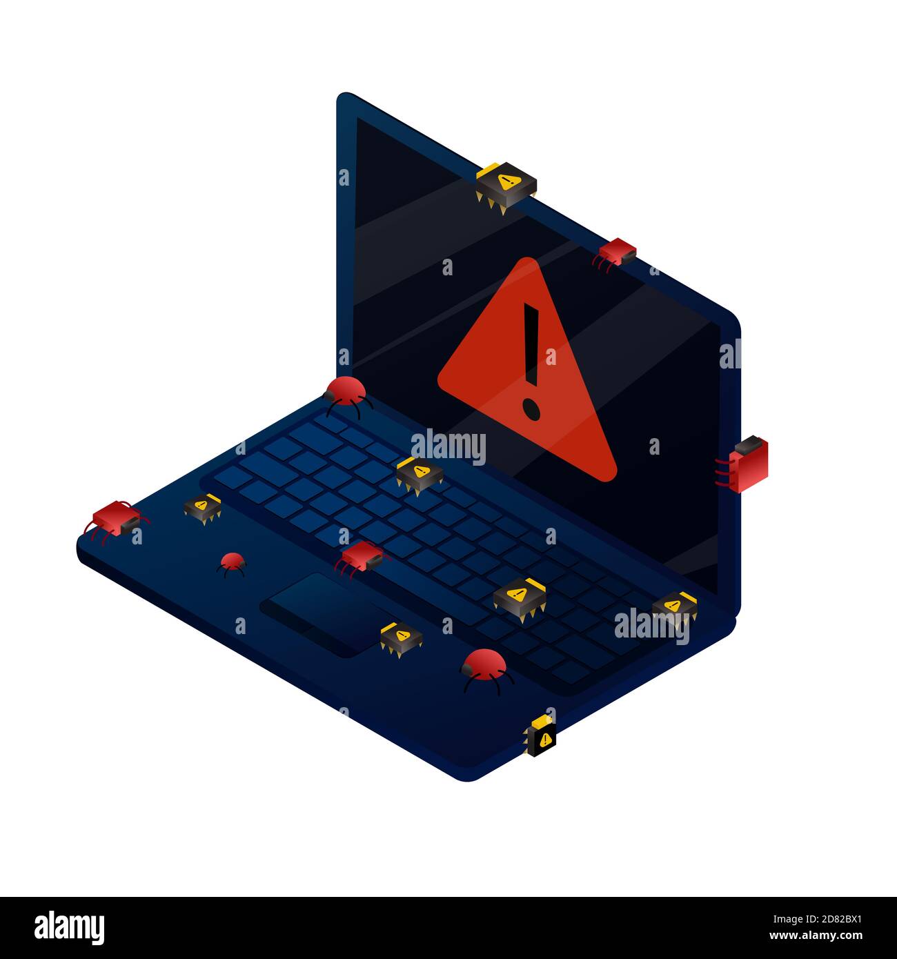 Computer bugs and viruses attacked laptop. Isometric vector illustration data protection, information security concept. PC with red error symbol on di Stock Vector