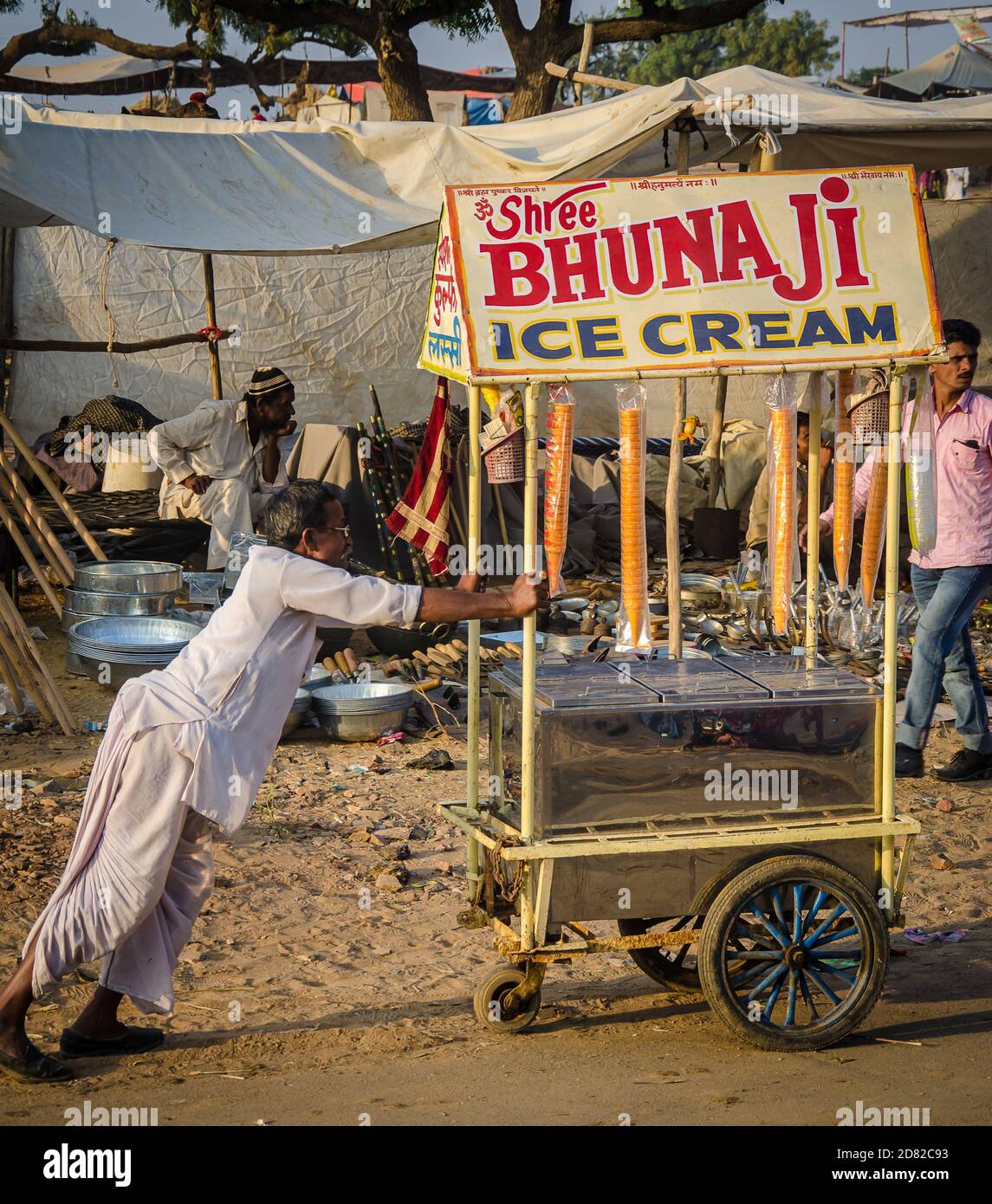 Ice cream vendor and his push cart at the Pushkar Festival in India