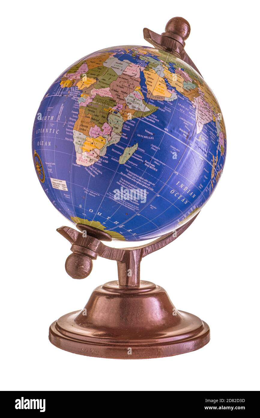 Globe on a wooden stand, isolate on a white background Stock Photo