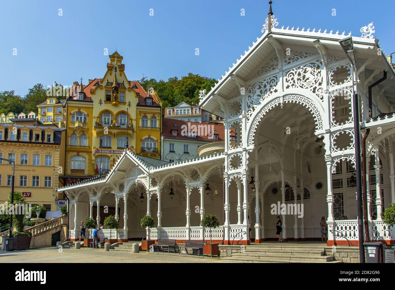 Karlovy Vary, Czech Republic-September 12, 2020. View of street with colorful facades in Czech famous spa city. Romantic architecture of Bohemia Stock Photo