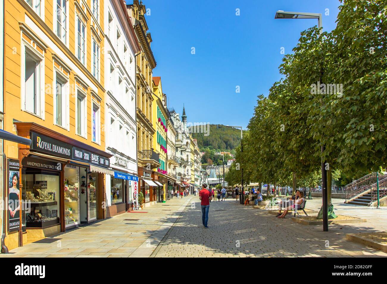 Karlovy Vary, Czech Republic-September 12, 2020. View of street with colorful facades in Czech famous spa city. Romantic architecture of Bohemia Stock Photo