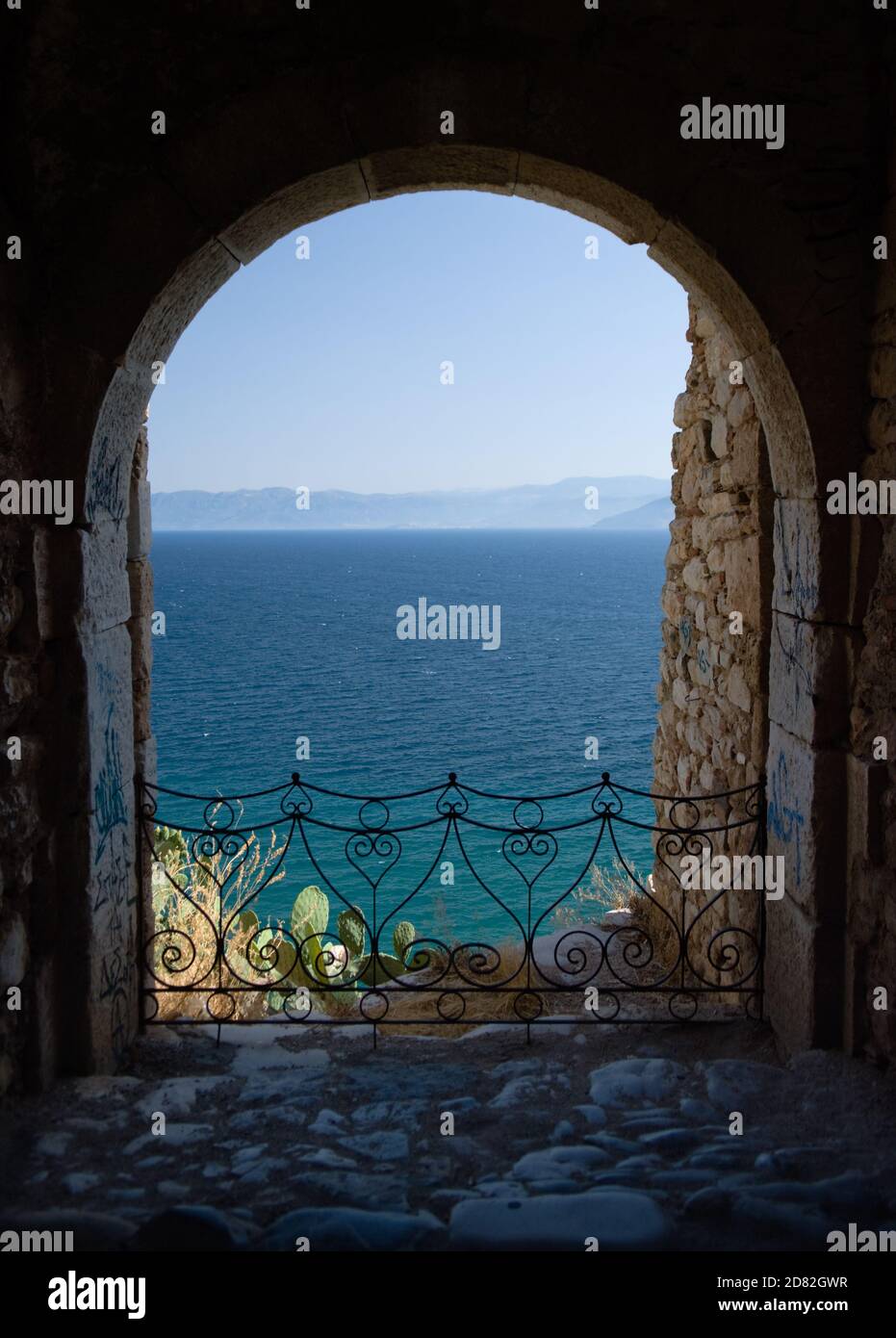 arched balcony on the sea of Nafplio from the Palamidi fortress, Greece Stock Photo