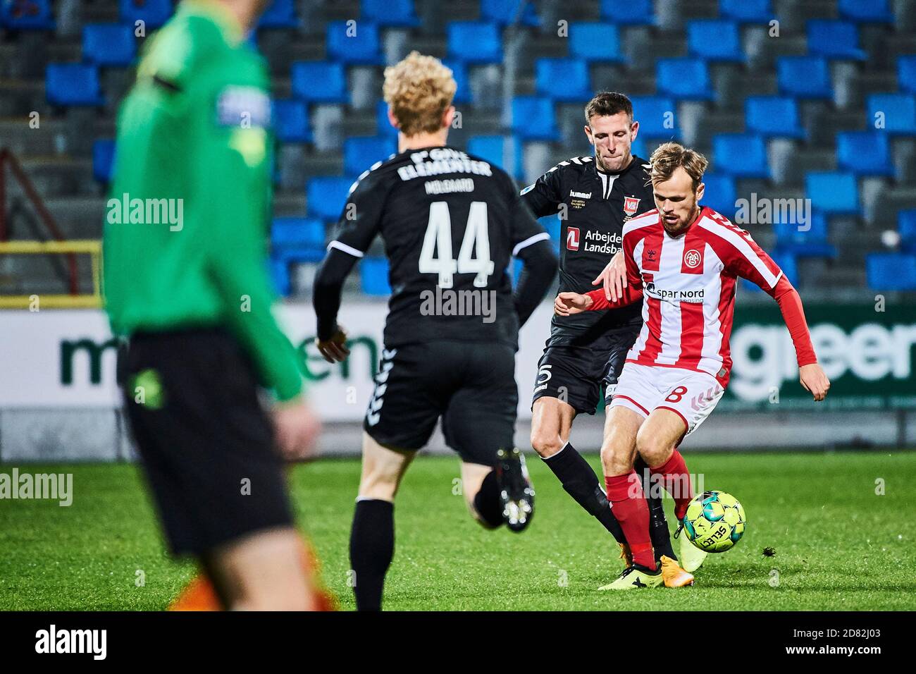 Aalborg, Denmark. 26th Oct, 2020. Iver Fossum (8) of AAB and Mads Greve  (15) of Vejle seen during the 3F Superliga match between Aalborg Boldklub  and Vejle Boldklub at Aalborg Portland Park