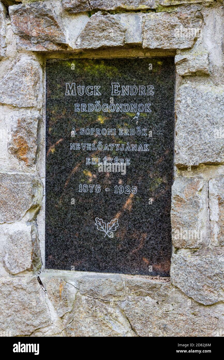 Memorial plaque of Endre Muck forestman, the father of the woodland of Sopron (working between 1875 - 1925), Sopron, Hungary Stock Photo