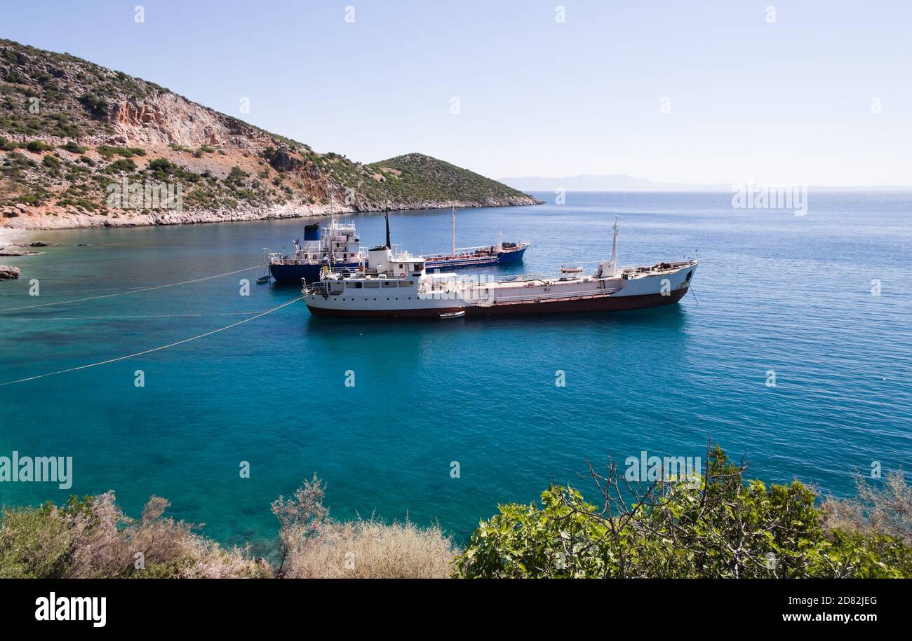 two industrial ship moored in a greek bay Stock Photo